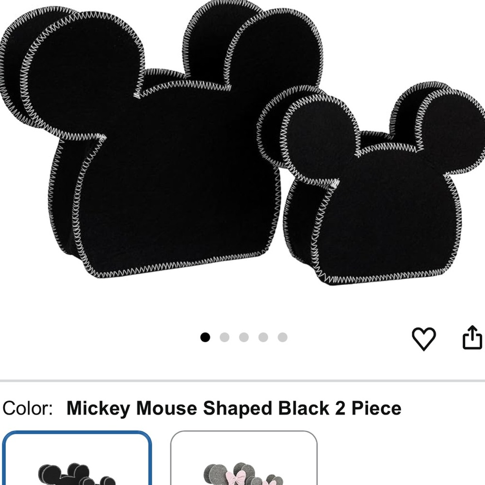 Disney Mickey Mouse shaped black 2 piece felt storage caddy 1 large and 1 small